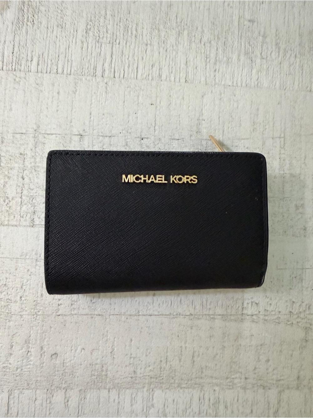 Michael Kors Black Leather Compact Zip Wallet with Gold Logo